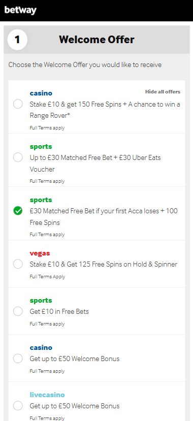 Select your Betway sign up offer from casino or sports