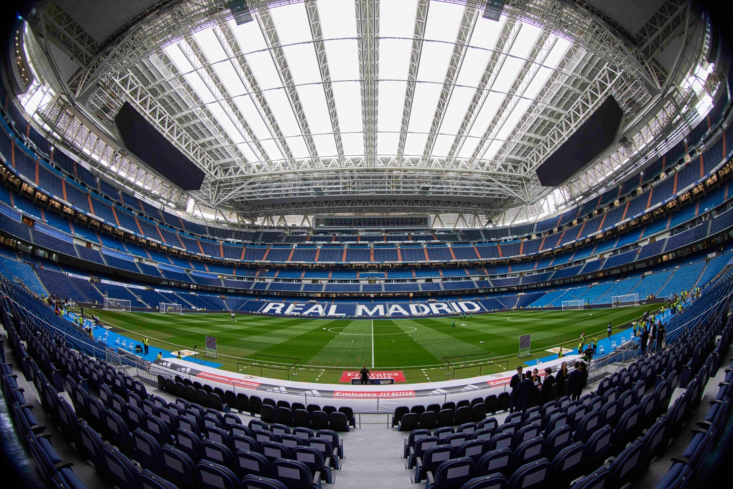 Real Madrid Stadium Renovation | Real Madrid Stadium Upgrade | Full interior shot of new Santiago Bernabeu with retractable roof and pitch