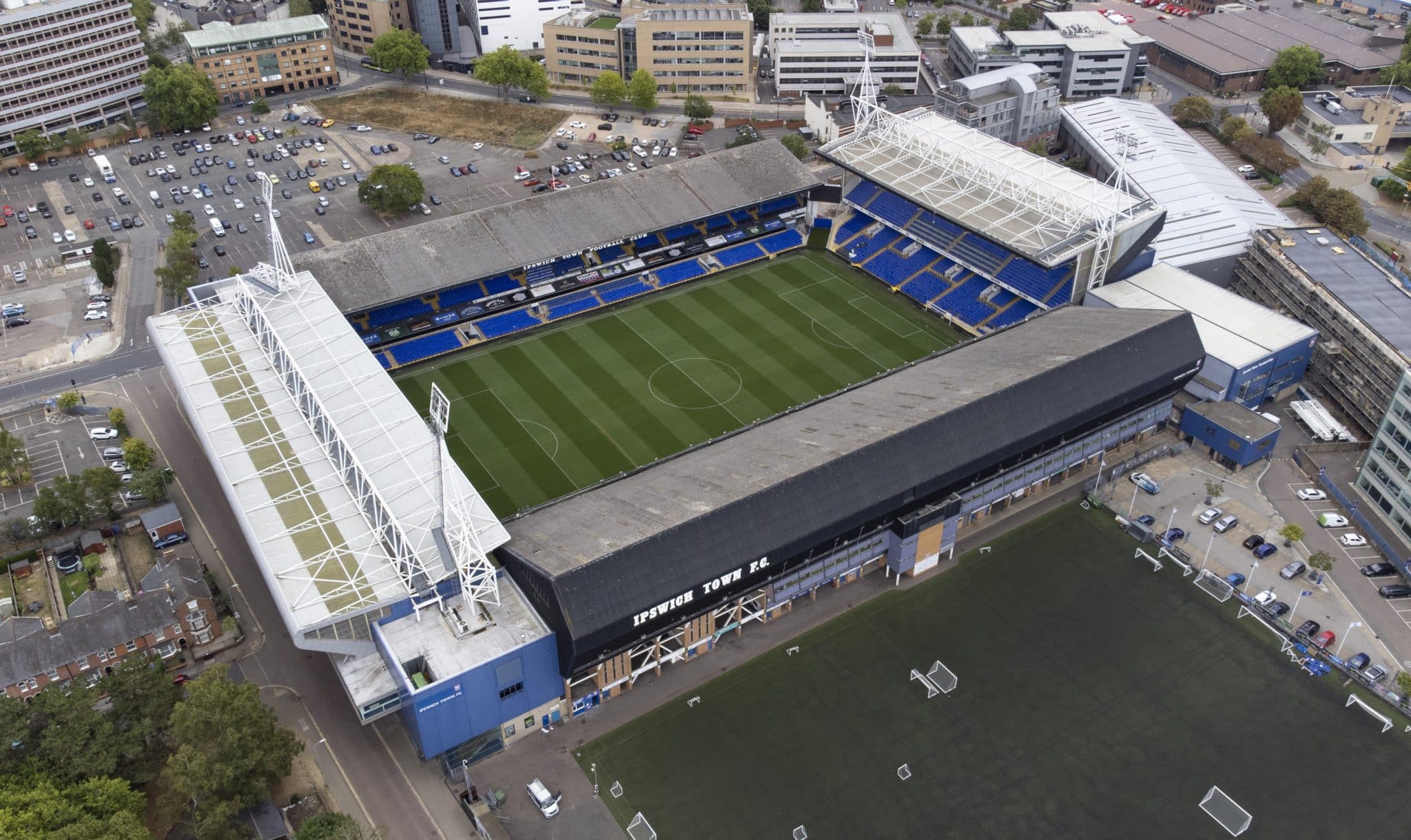 Aerial shot of Portman Road, home of Ipswich Town since 1884 and one of the oldest football stadiums in the world