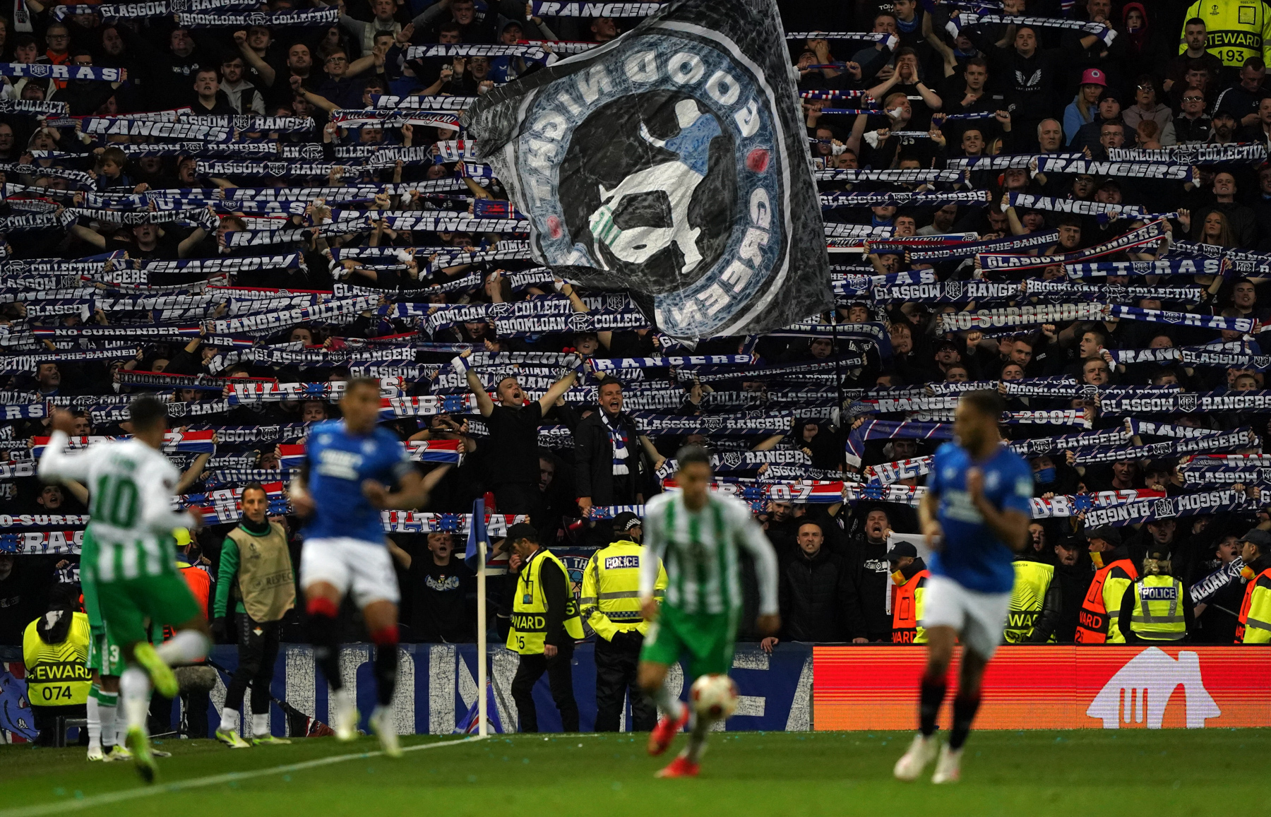 Rangers fans in Cyprus will be hoping for a result to build on their home win against Real Betis in the UEFA Europa League | Pictured here are the Gers fans during their game against Betis,holding scarves up