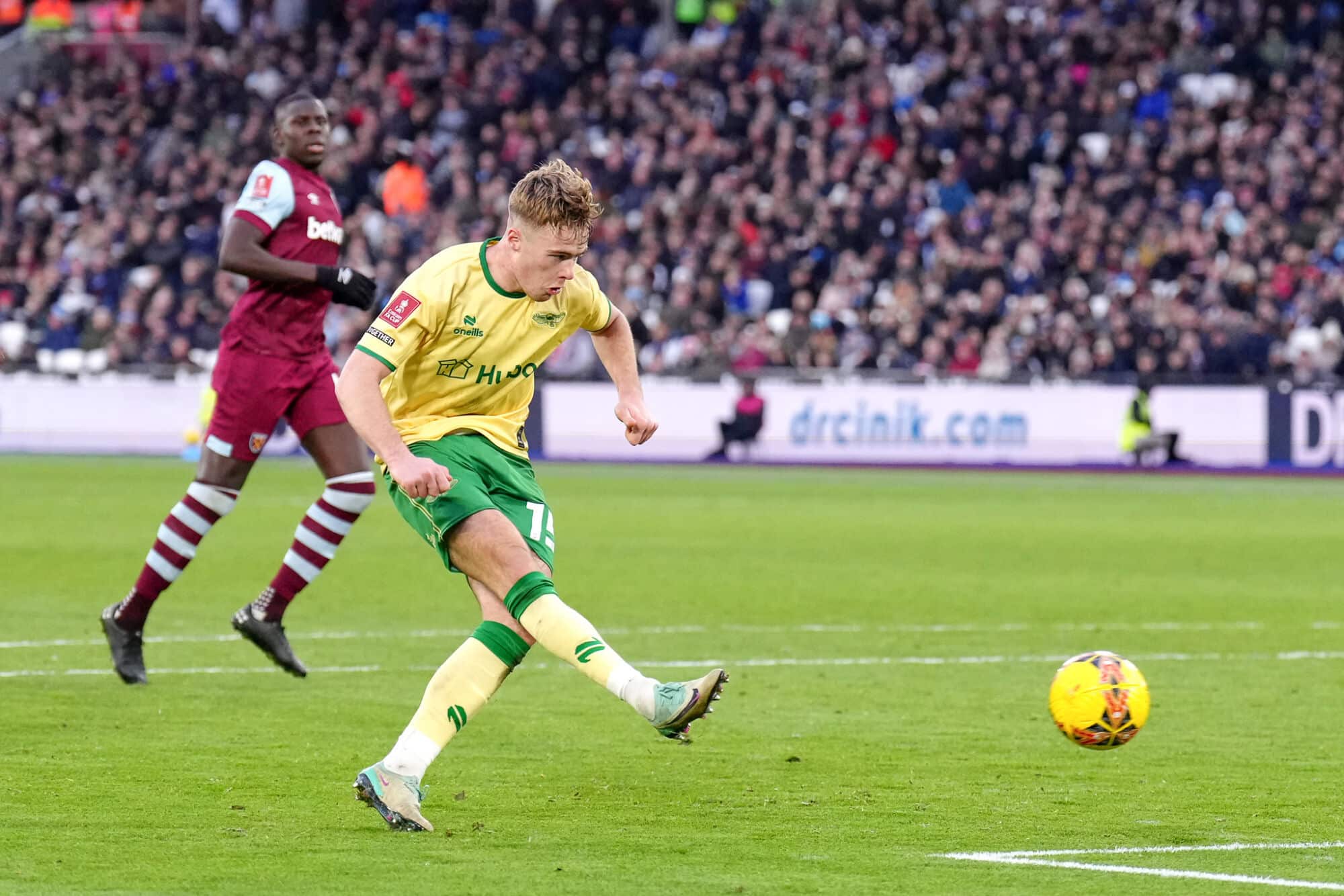 Bristol City's Tommy Conway strikes against West Ham United in the FA Cup. 