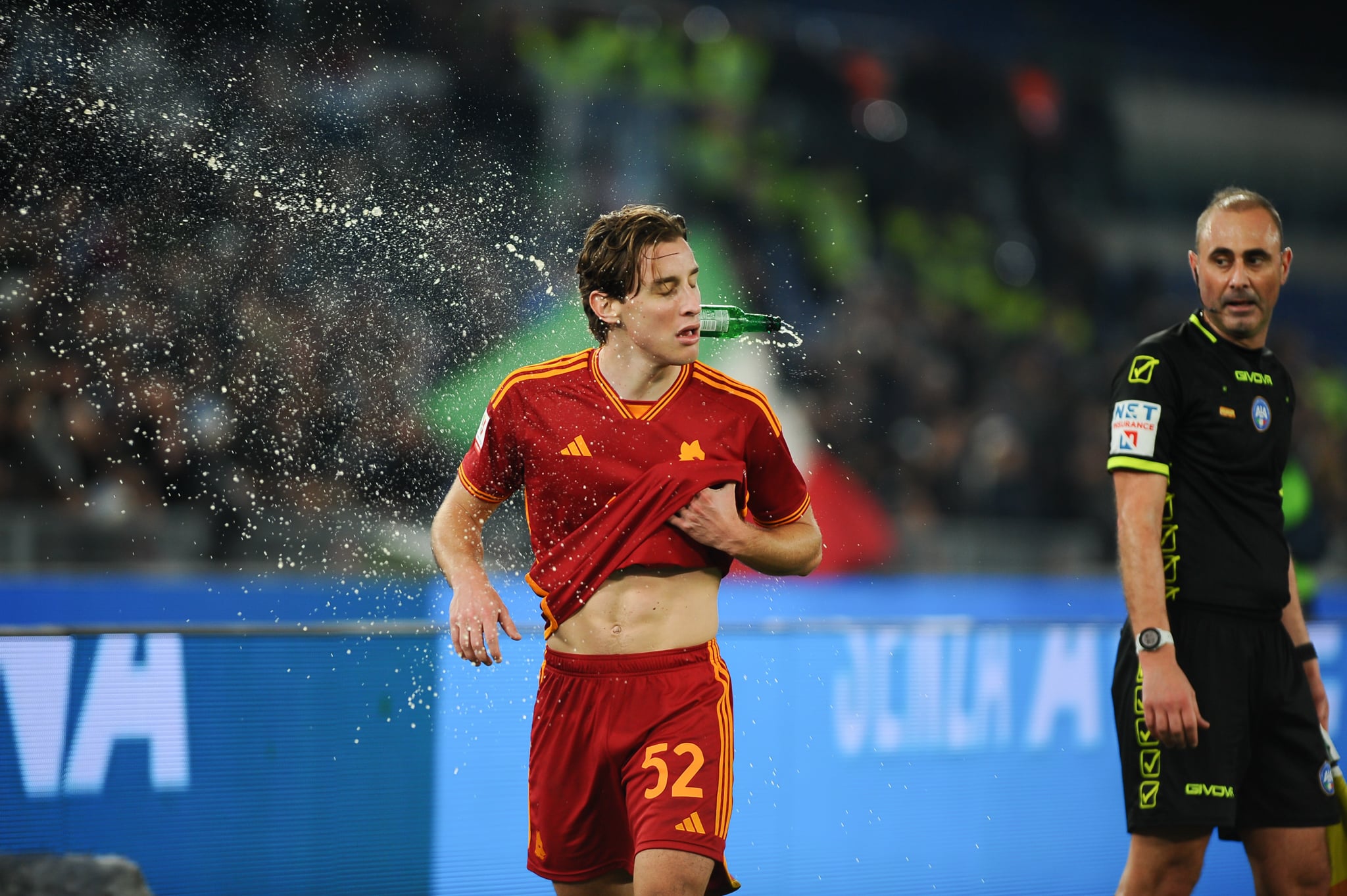 Flares, bottles and stabbings: Rome derby violence explained 3 Edoardo Bove is struck with a bottle.