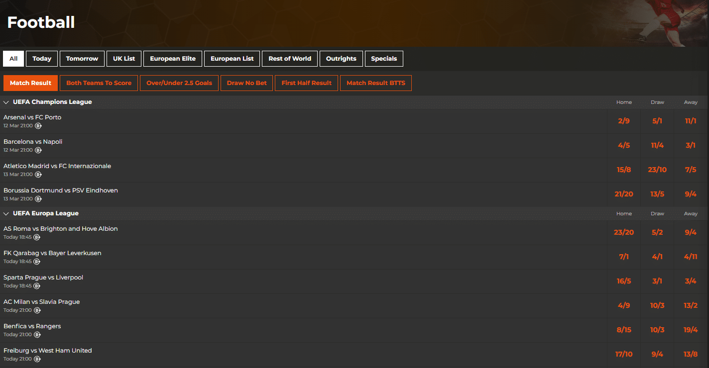 Football betting markets at Ak bets