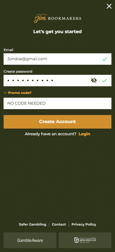 Gentleman jim sign up offer & registration: no code needed