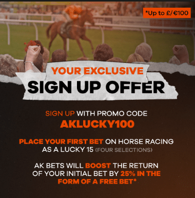 sign up for AK Bets in the UK and get a horse racing offer with promo code AKLUCKY100
