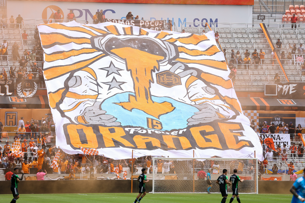 Houston Dynamo fans unveil a tifo before the start of a Major League Soccer match between the Houston Dynamo and Austin FC on April 30, 2022 in Houston, Texas. (Credit Image: &copy; Scott Coleman/ZUMA Press Wire)