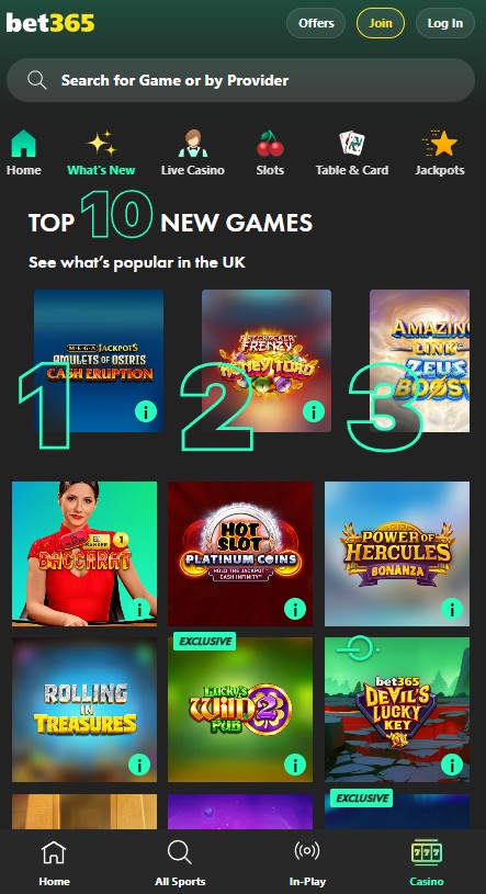 bet365 top 10 casino games in the uk, mobile view of the casino section