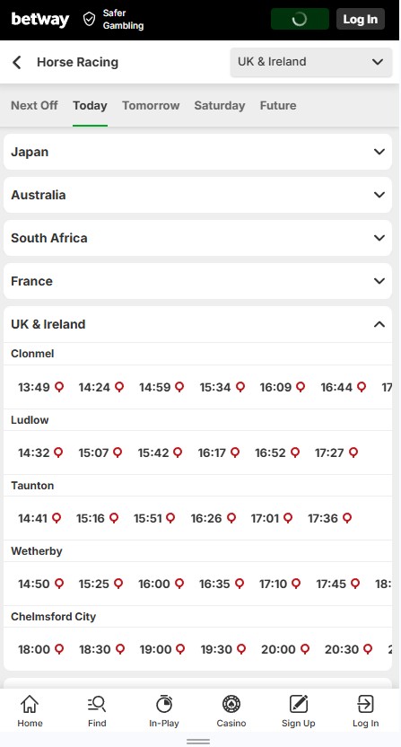 betway mobile preview of horse racing events in UK and Ireland