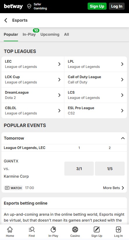 betway review, mobile preview of the esports section