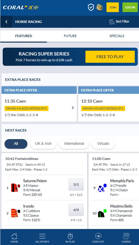coral mobile preview: horse racing section