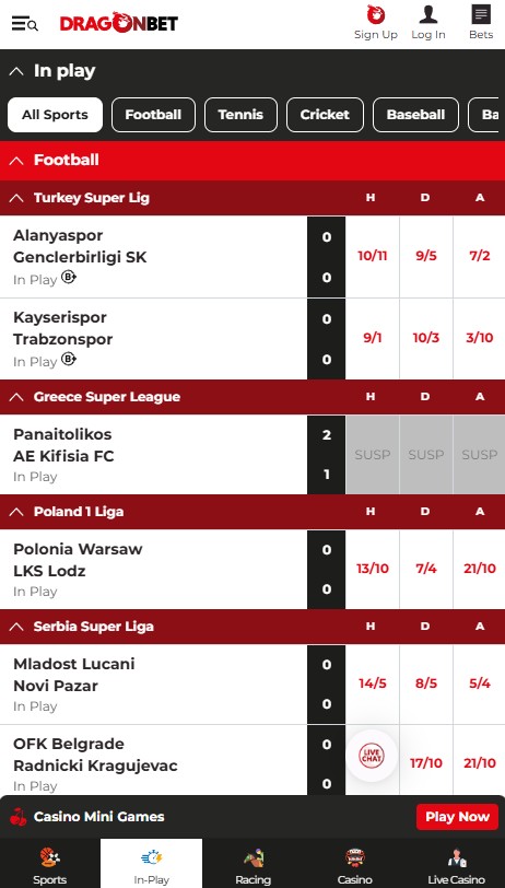 dragonbet review, in-play mobile preview