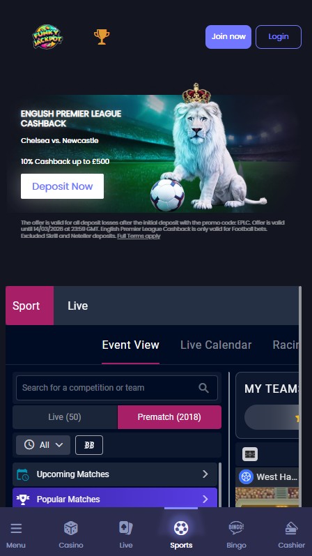 funky jackpot sports review, cashback offers premier league