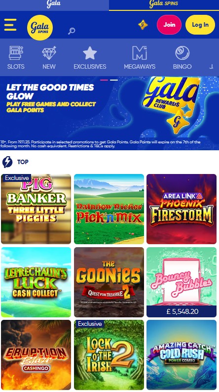 gala spins casino review: free games and gala points feature