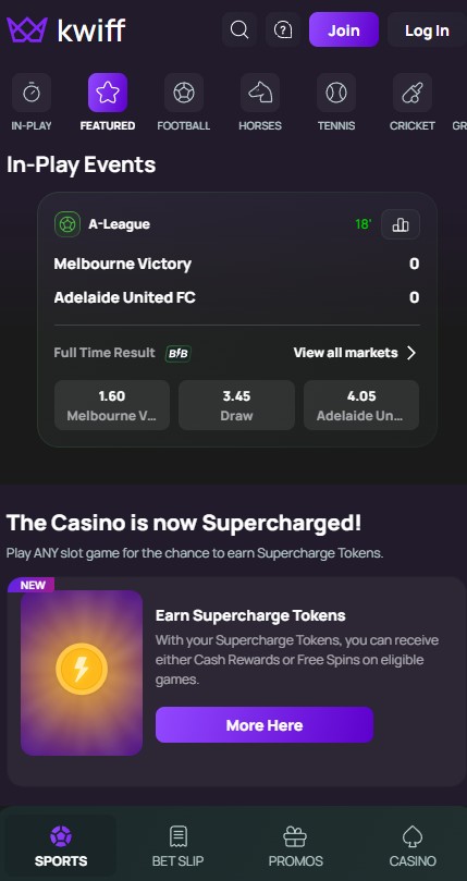 Kwiff mobile preview of featured in-play events