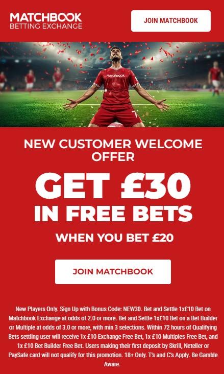 matchbook new customer offer: get &pound;30 free bets