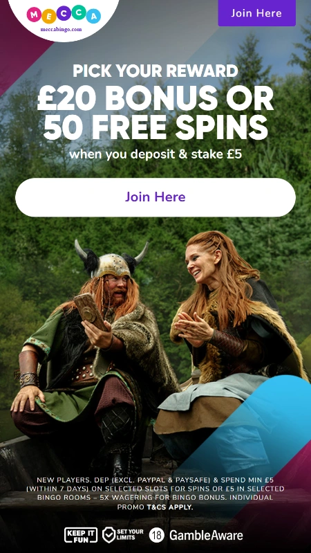 mecca &pound;20 bingo or 50 free spins welcome offer screenshot