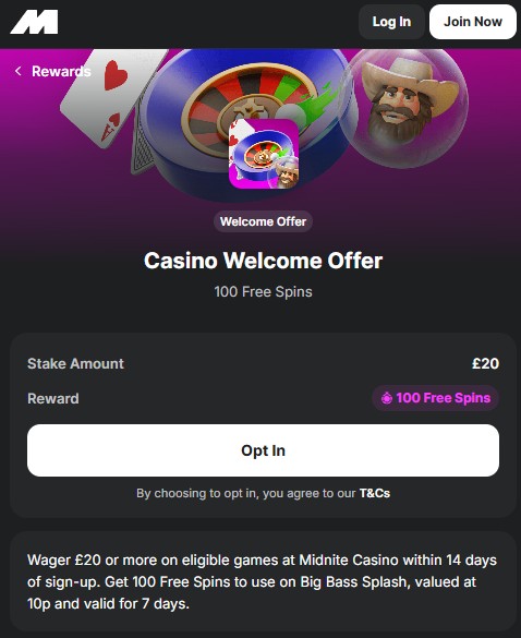 midnite casino welcome offer 100 free spins
