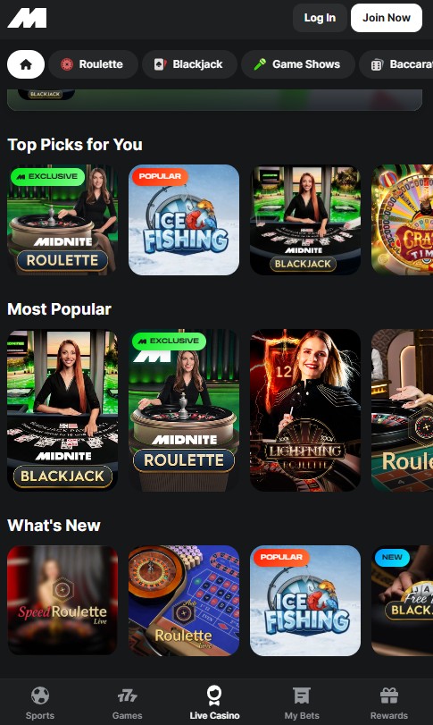 midnite live casino top games