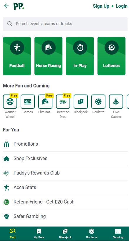 paddy power mobile site overview, sports betting markets