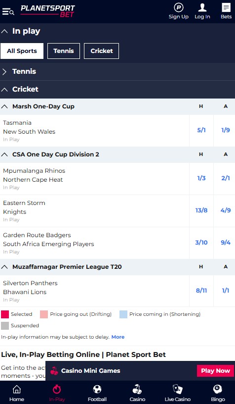 planet sport bet in play tennis and cricket