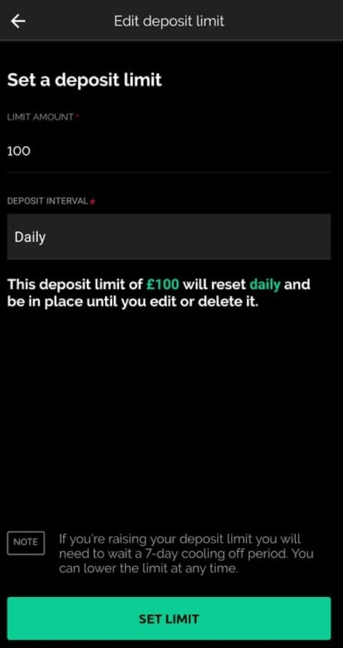 SBK responsib le gambling and deposit limit, mobile screenshot