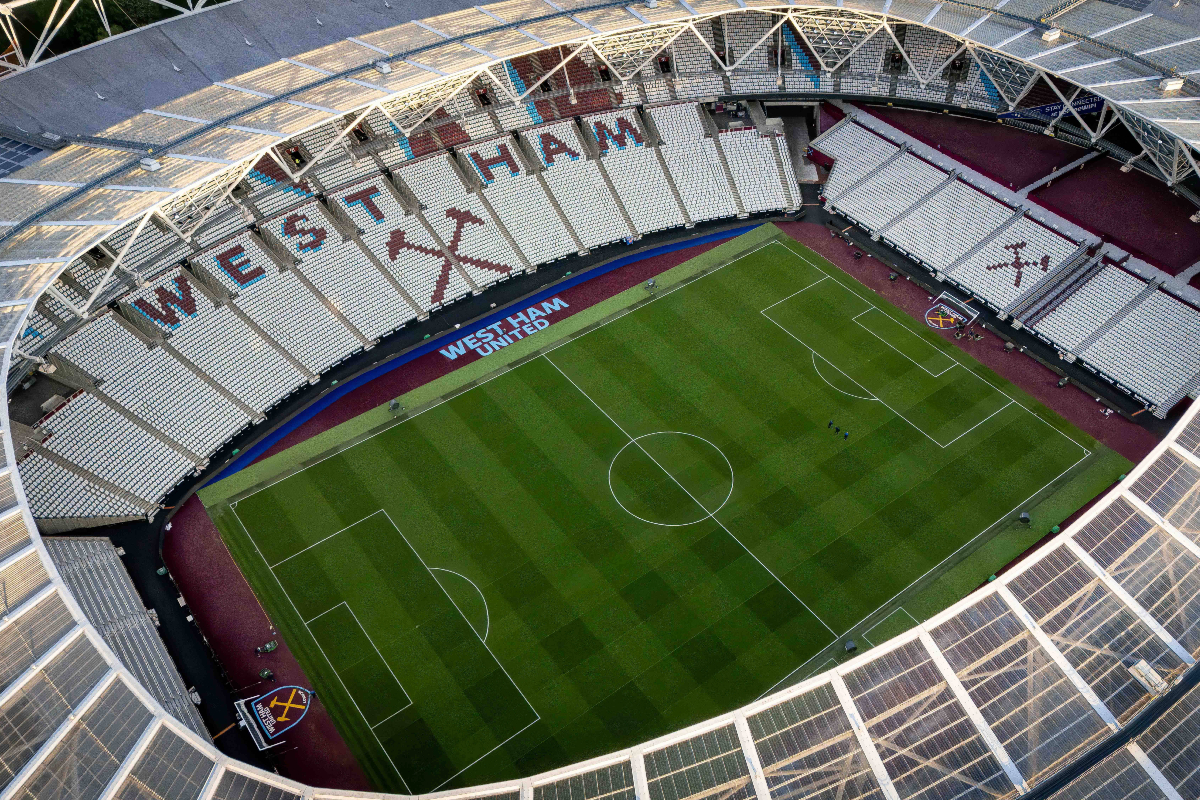 Aerial view of the London Stadium with the words West Ham and the Hammers logo on the seats