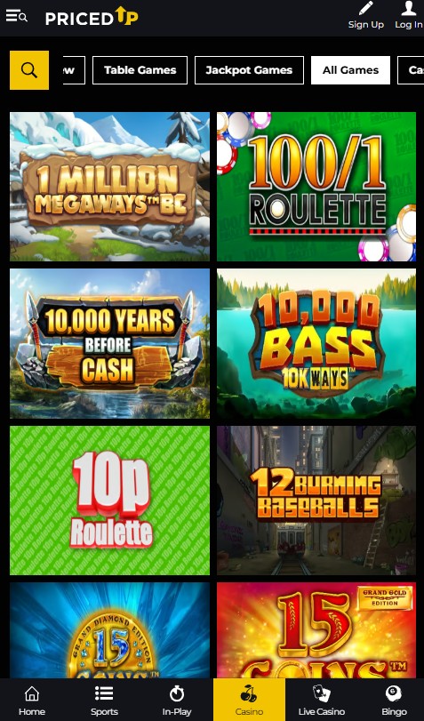 priced up casino review, all casino games tab