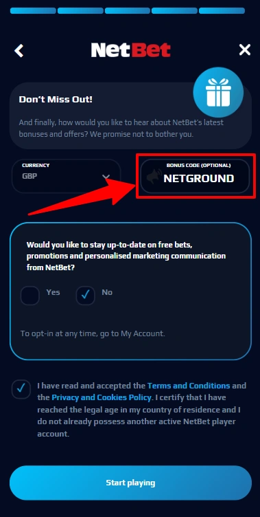 NetBet - sign up process - Step 5
