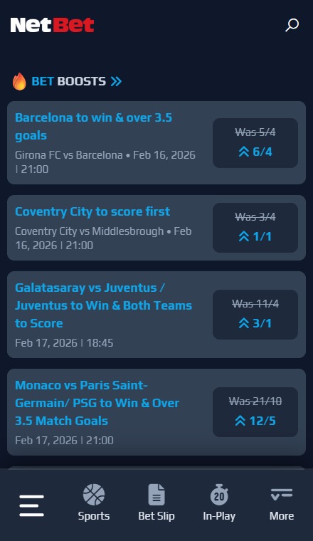 Netbet bet boosts offered in February 2026 include Barcelona to win & over 3.5 goals against Girona FC.