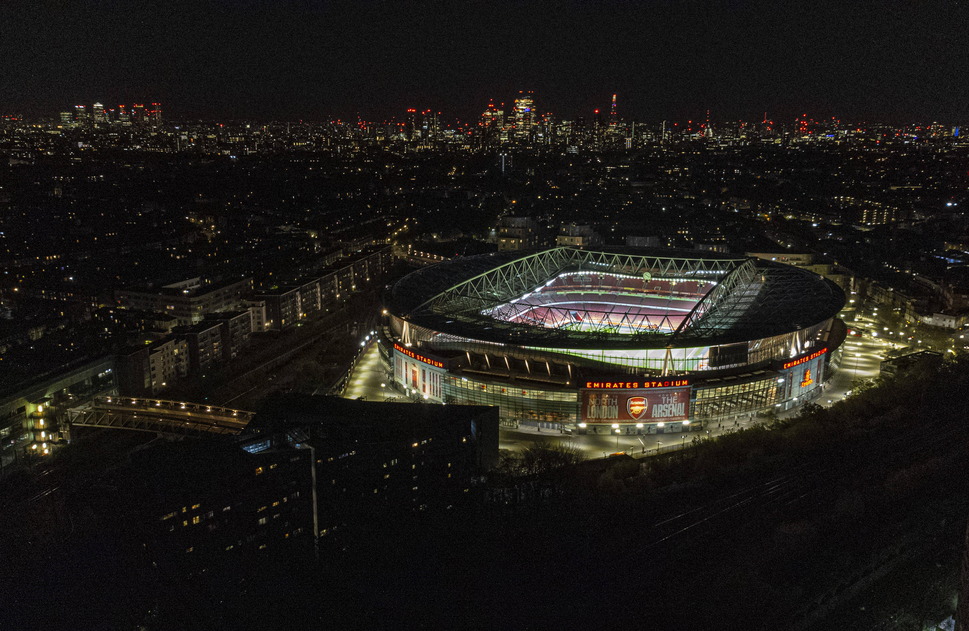 Aerial view of the Emirates Stadium at night