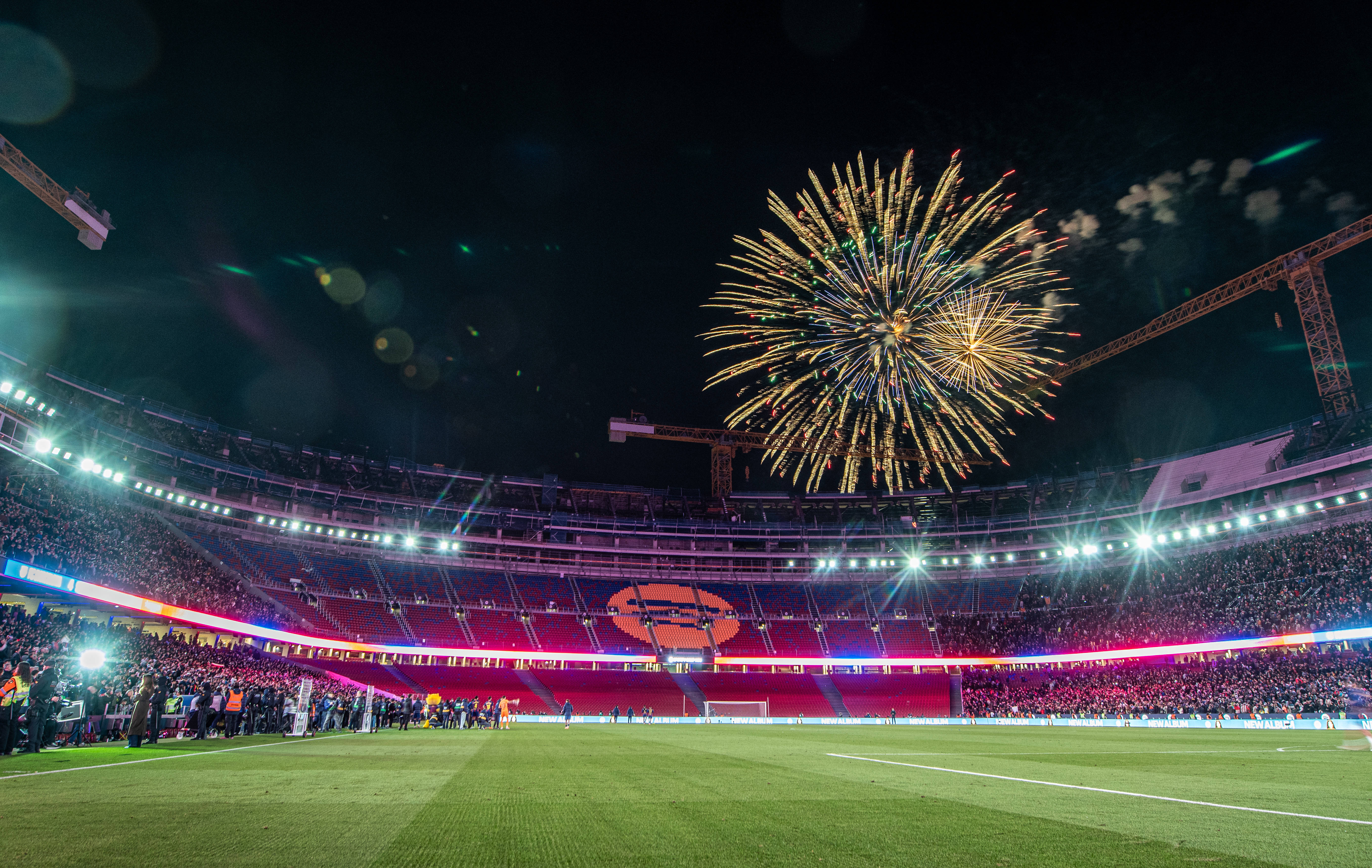 General view inside Spotify Camp Nou with fireworks