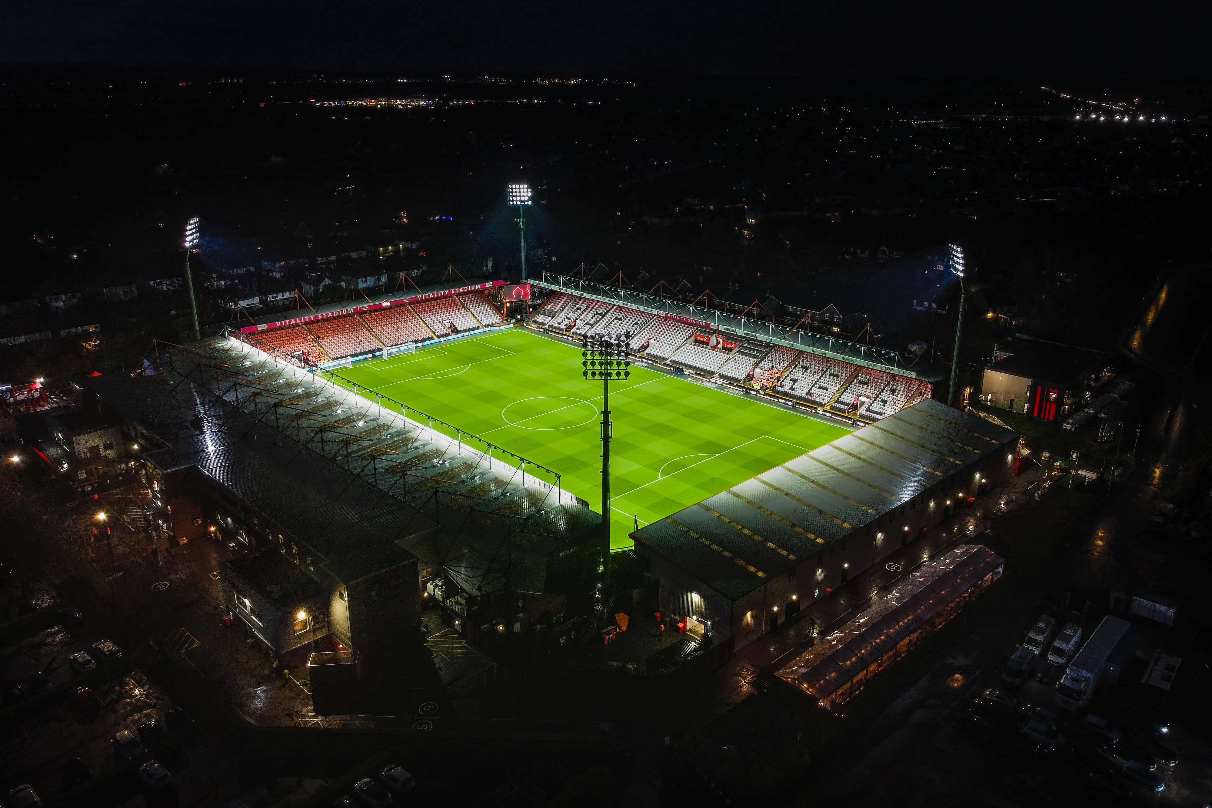 AFC Bournemouth chief issues fresh Vitality Stadium update amid recent delays to expansion plans 1 Aerial view of the floodlit Vitality Stadium