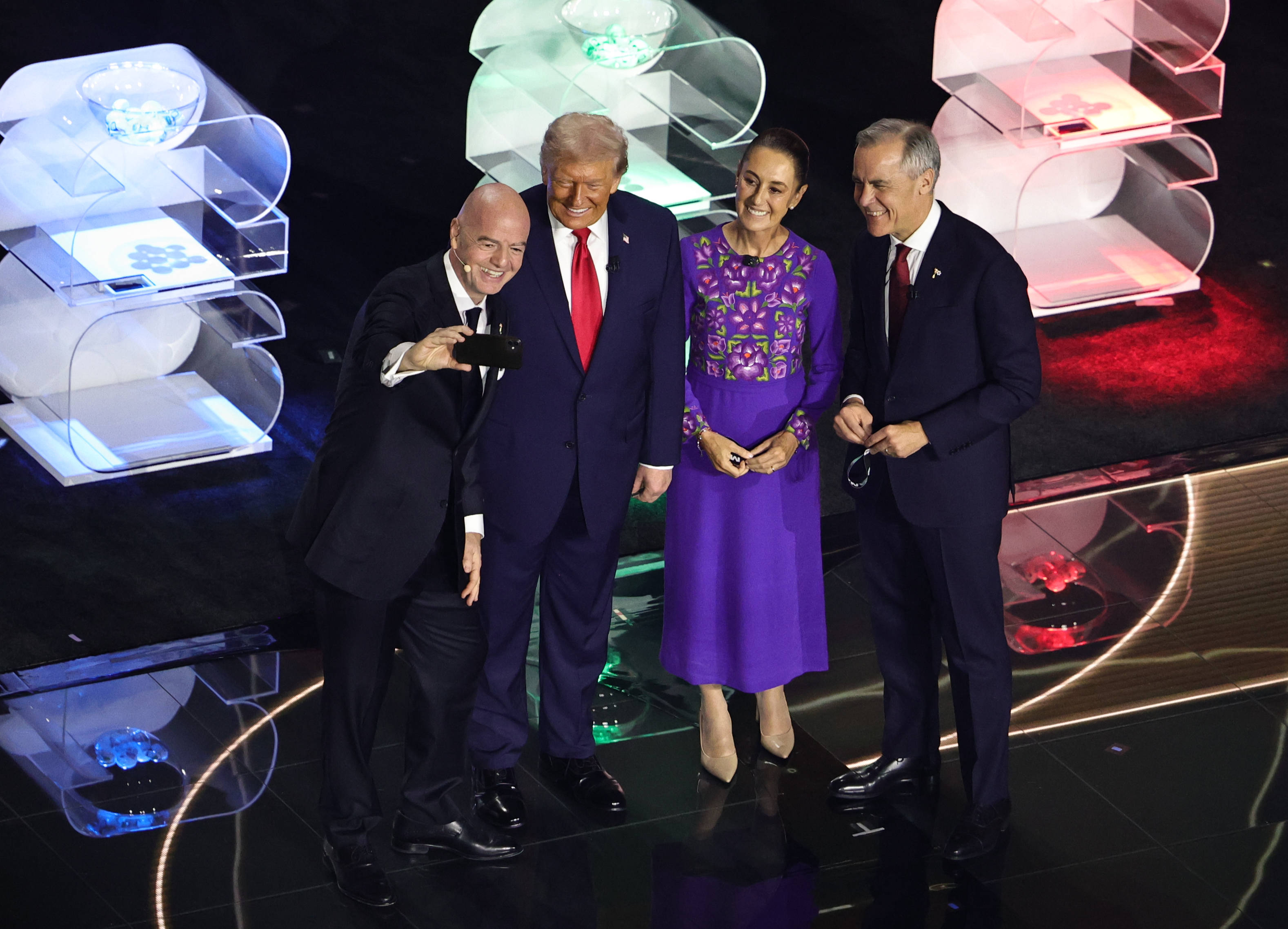 FIFA President Gianni Infantino, United States President Donald J. Trump, Mexican President Claudia Sheinbaum and Canadian Prime Minister Mark Carney