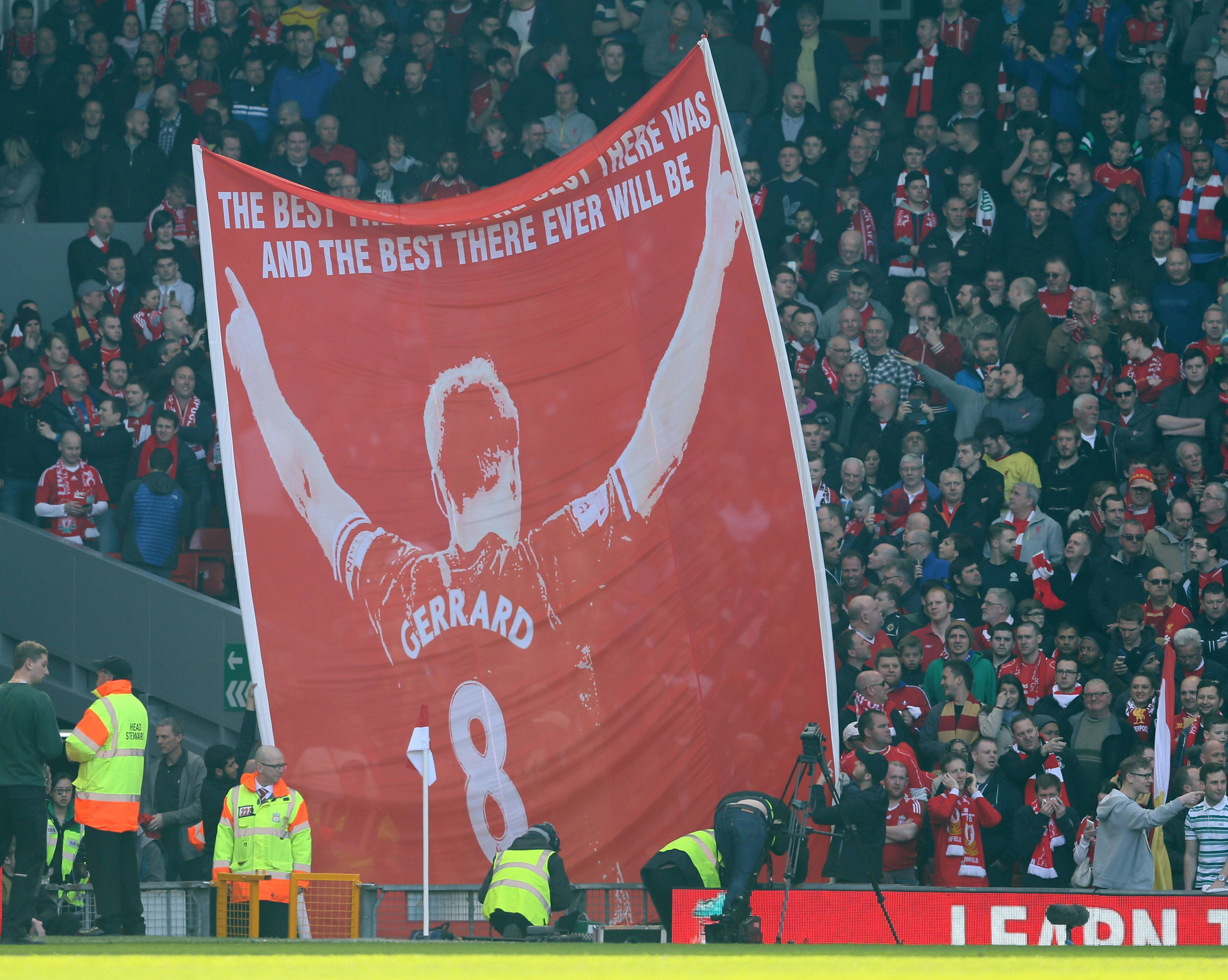 The Kop unveils a banner in celebration of Steven Gerrard
