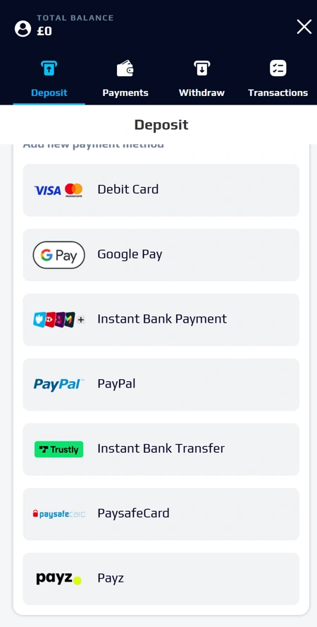 NetBet deposit methods, mobile screenshot