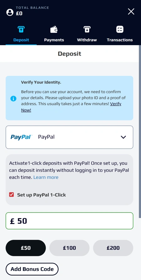 NetBet identity verification notification before making a deposit, mobile screenshot