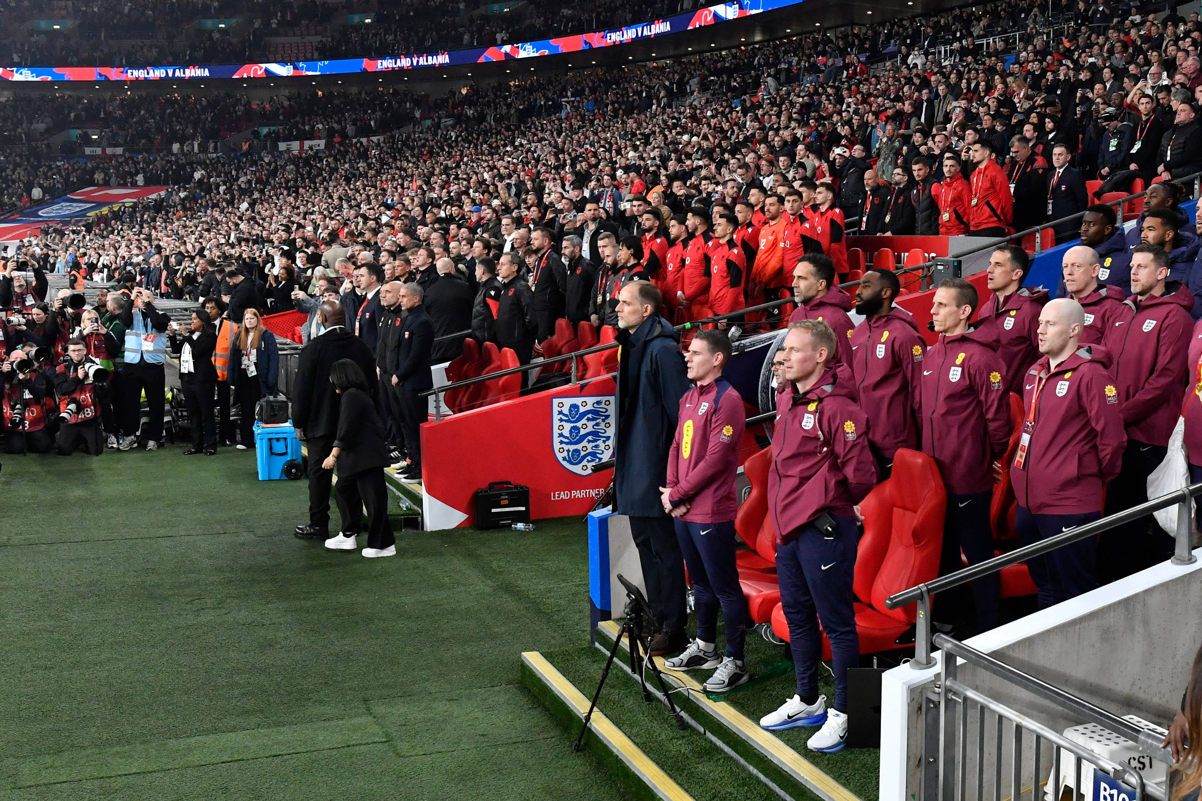 England head coach Thomas Tuchel standing for the National Anthem during the 2026 FIFA World Cup Qualifier match between England and Albania 