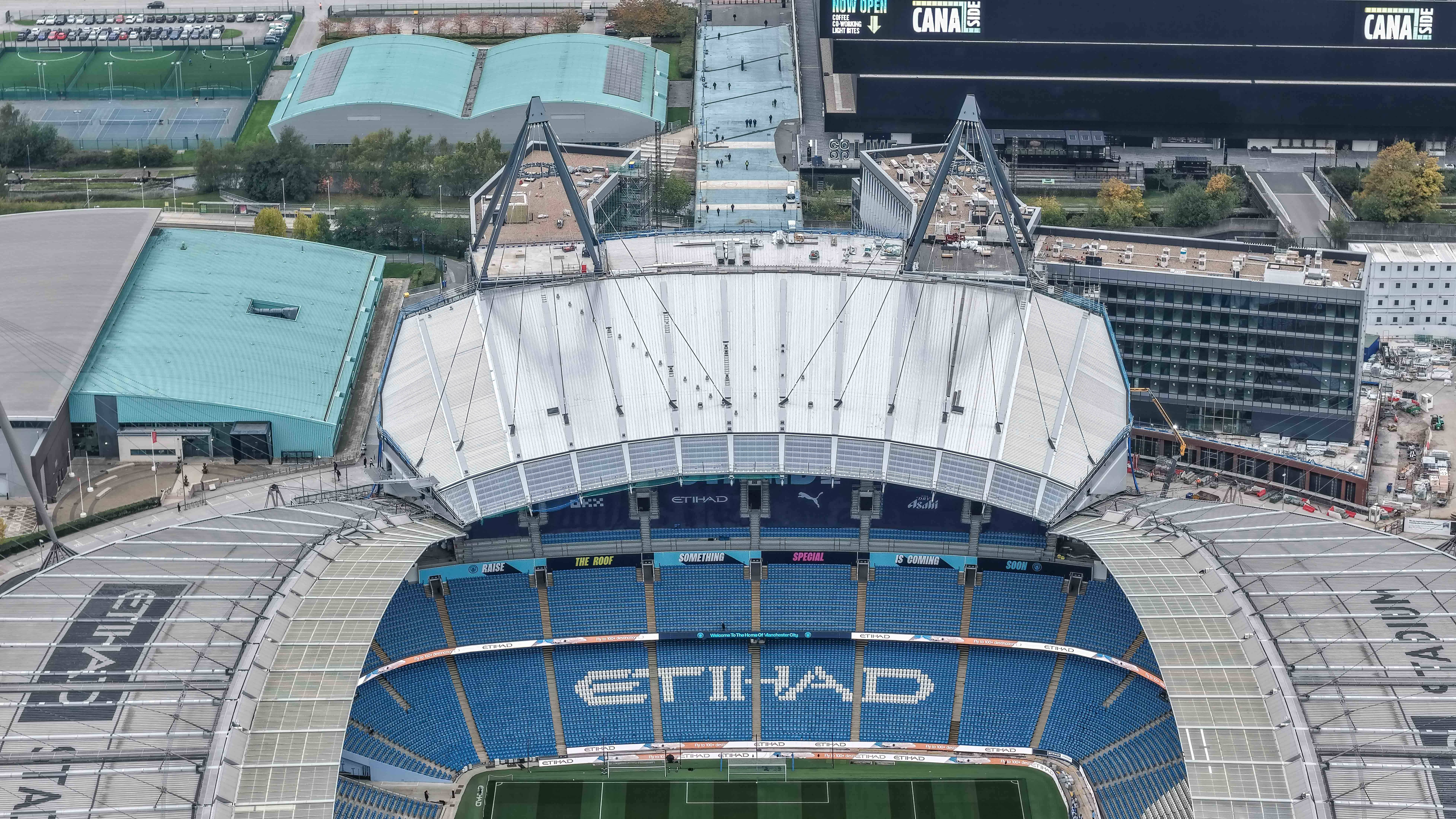 A view of the new North Stand roof as building work nears to completion at the Etihad Stadium