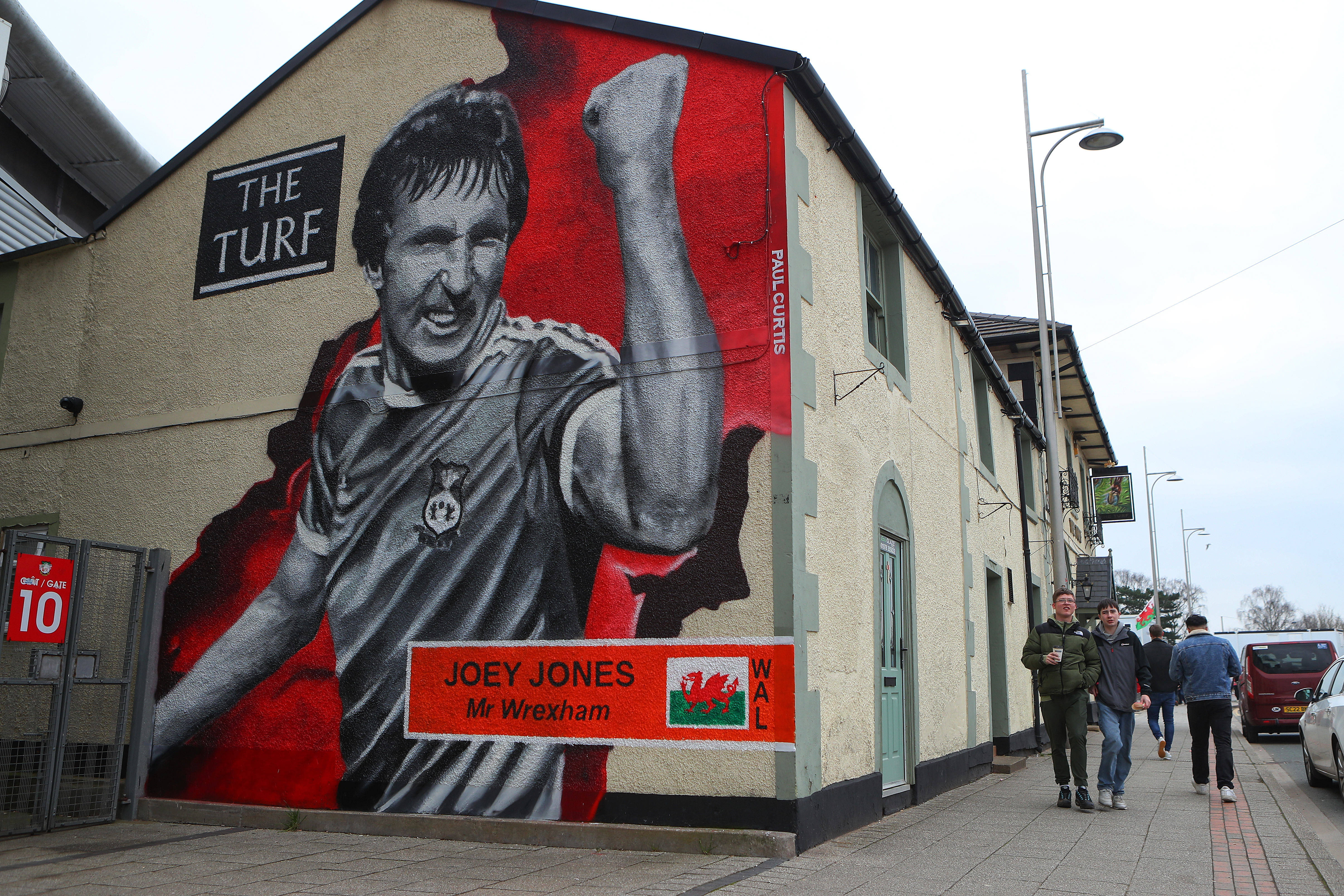 Joey Jones mural outside the Racecourse Ground ahead of the Wrexham vs Chelsea